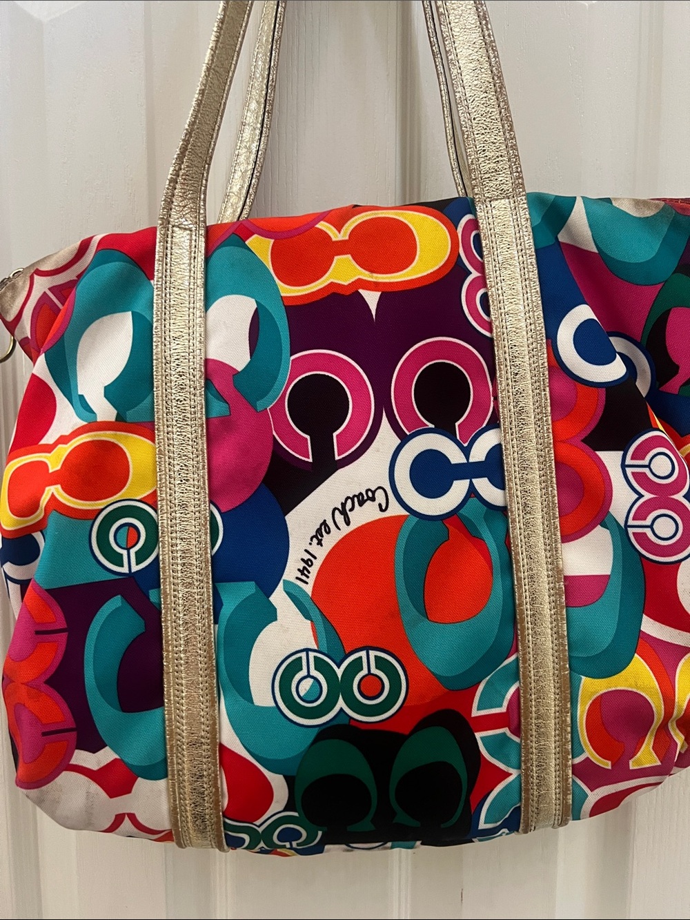 Vintage Coach Multicolor Signature Print Tote with Gold Trim - Picture 3 of 7